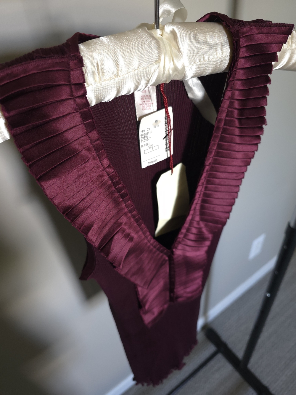 Salomay Silk Stretchy Burgundy Tank with Ruffle Trim - Picture 11 of 15